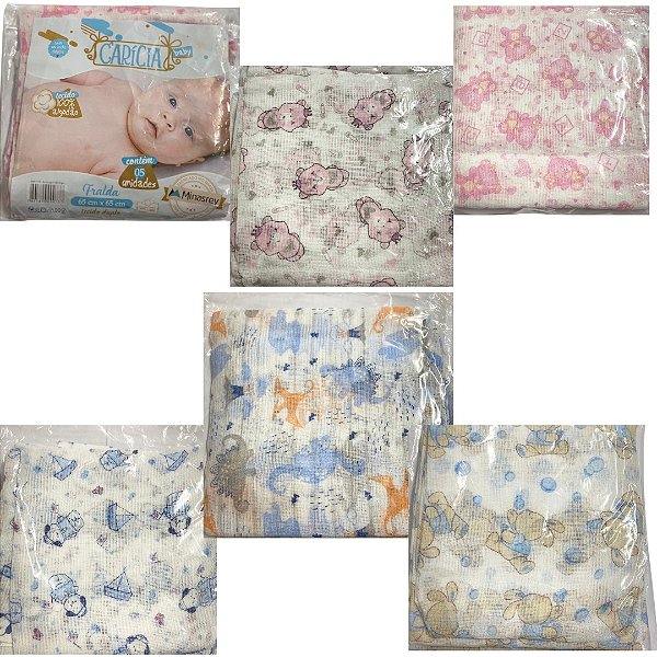 Fralda Carícia Baby 05 Unidades 65cm x 65cm Minasrey - Estampas Sortidas