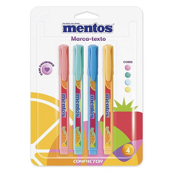 Kit com 4 Marca Texto Compactor Mentos com Cheirinho