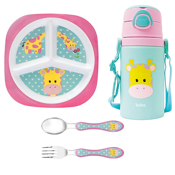 Kit Refeição Buba Animal Girafa - Pratinho com divisórias + Garrafa de Aluminio + Kit Talher