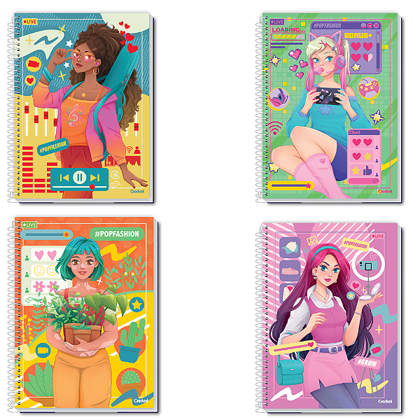 Caderno Universitário Capa Dura Espiral 1 Materia  80 Folhas Pop Fashion Credeal Capas Sortidas.