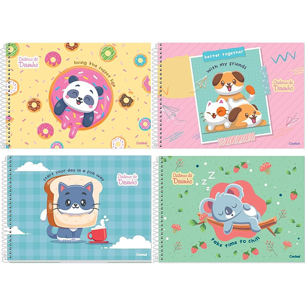 Caderno Cartografia e Desenho Lala Pets Credeal 80 folhas Capas Sortidas.