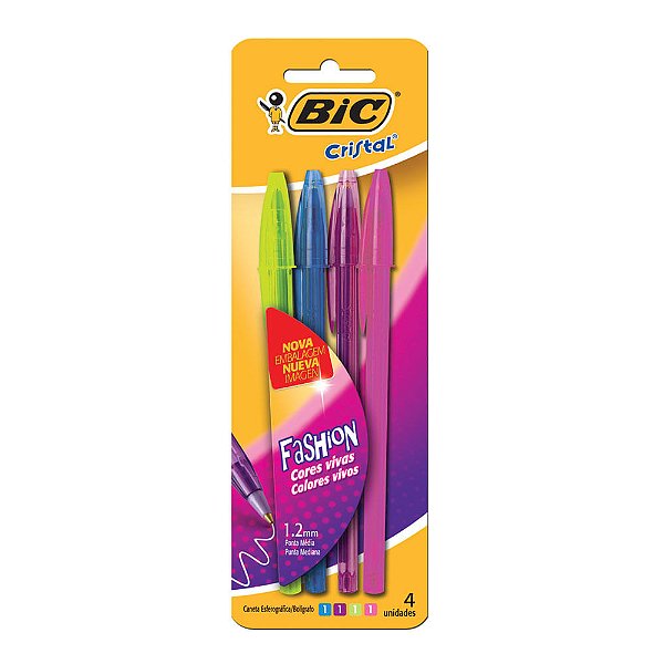 Caneta Bic Fashion 4 Cores 1.2mm Lilás-Rosa-Verde-Azul