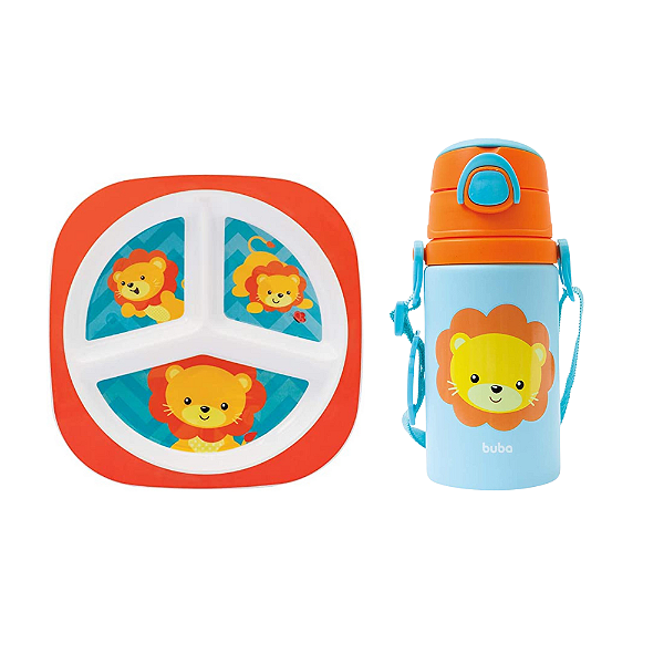 Kit Buba Leão Pratinho com Divisórias + Garrafa de Aluminio 450ml