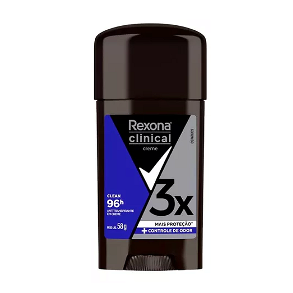 Desodorante Antitranspirante em Creme Rexona Clinical Men Clean 96 hs 3x Mais Proteção 58g.