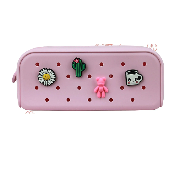 Estojo de Silicone 1 Divisória c/ 4 Pingentes Rosa Pastel - Polibras