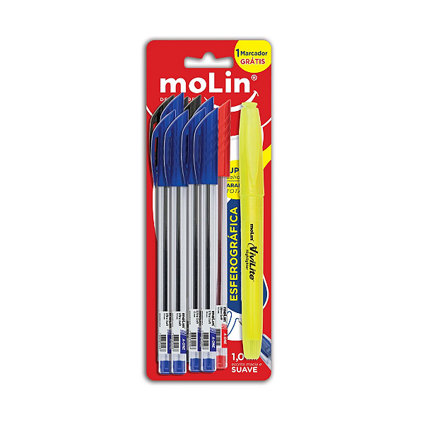 Kit Molin Com 10 Canetas: Azul 6 / Vermelho 1 / Preto 3 + 1 Marcador Fluorescente Cor Sortida