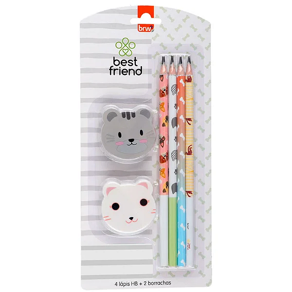 Kit 4 lápis HB + 2 Borrachas Bichinhos Best Friends BRW