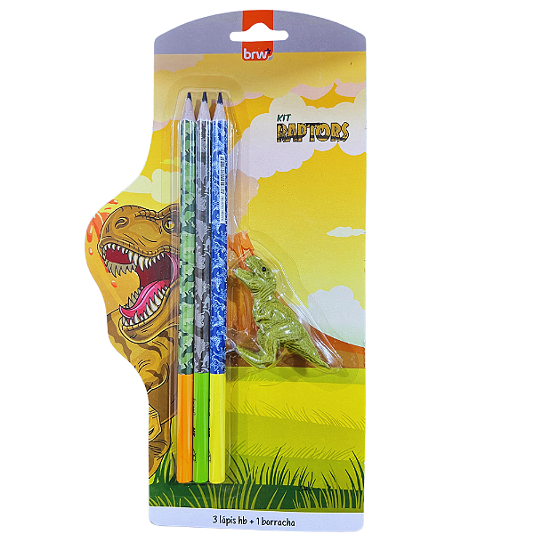 Kit com 3 lápis HB + 1 borracha Raptors Dinossauro BRW
