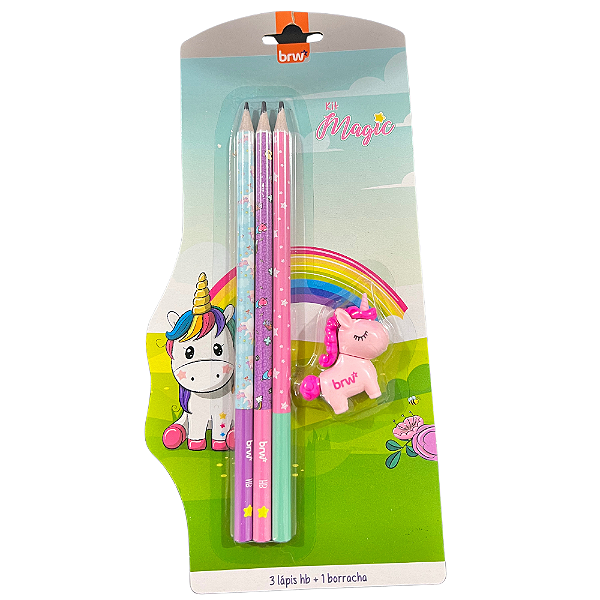 Kit 3 lápis hb + 1 borracha Magic Unicornio BRW