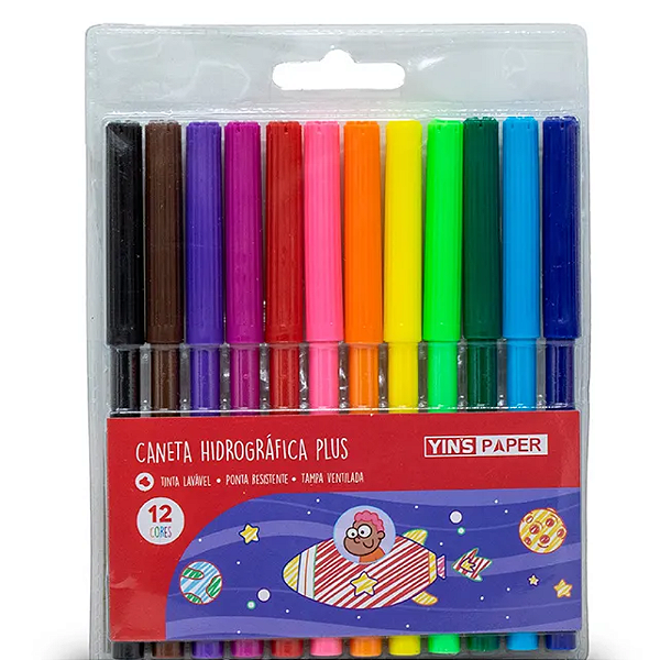 Canetinhas Hidrográficas Tinta Lavável 12 Cores Plus Yins Paper