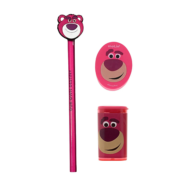 Kit Escolar Urso Lotso Toy Story Molin Pixar - Lápis + Borracha + Apontador
