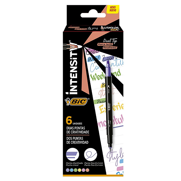 Kit Caneta Bic Dual Tip Intensity 6 Cores Pastéis - ponta fina + marca texto