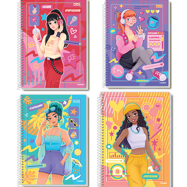 Caderno Universitário Capa Dura Espiral 16 Materias 224 Folhas Pop Fashion Credeal Capas Sortidas