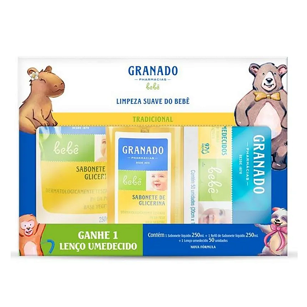 Kit Granado Limpeza Suave do Bebê Tradicional 1 Sabonete + 1 Refil de Sabonete + 1 Lenço Umedecido