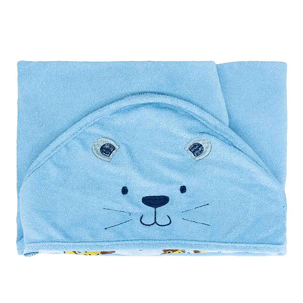 Toalha Plush com Puff no Capuz e Forro de Fralda Bublim Baby Leão Azul Incomfral Ref:76067-475