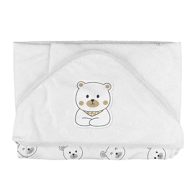 Toalha Plush com Puff no Capuz e Forro de Fralda Bublim Baby Temas Urso Branco Incomfral Ref:76045-0E7