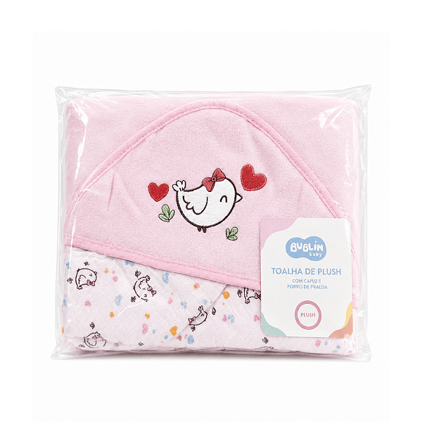 Toalha Plush com Puff no Capuz e Forro de Fralda Bublim Baby Temas Passarinha Incomfral Ref:76045-0H9