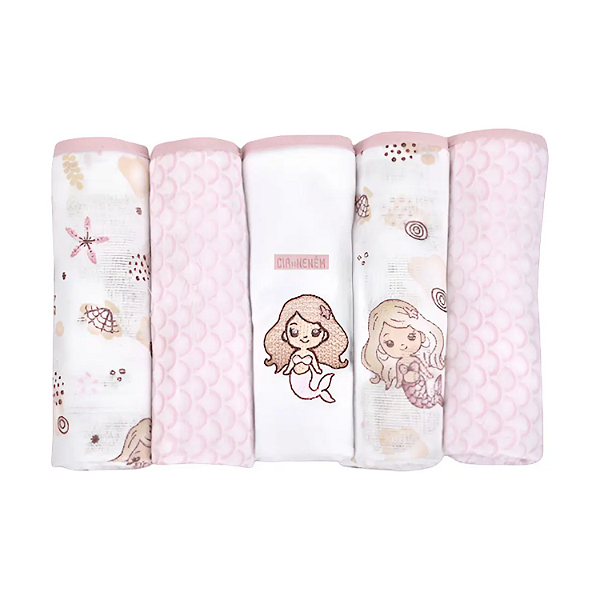 Fralda Cia Do Neném Algodão 70cm x 68cm Estampada com Bainha 5 unidades Minasrey Ref:5327 52-RBB-SEREIA