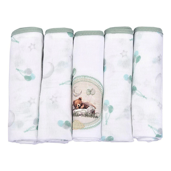 Fralda Muito Mimo Algodão 70cm x 68cm Estampada com Bainha 5 unidades Minasrey Ref:5345 52-NEU