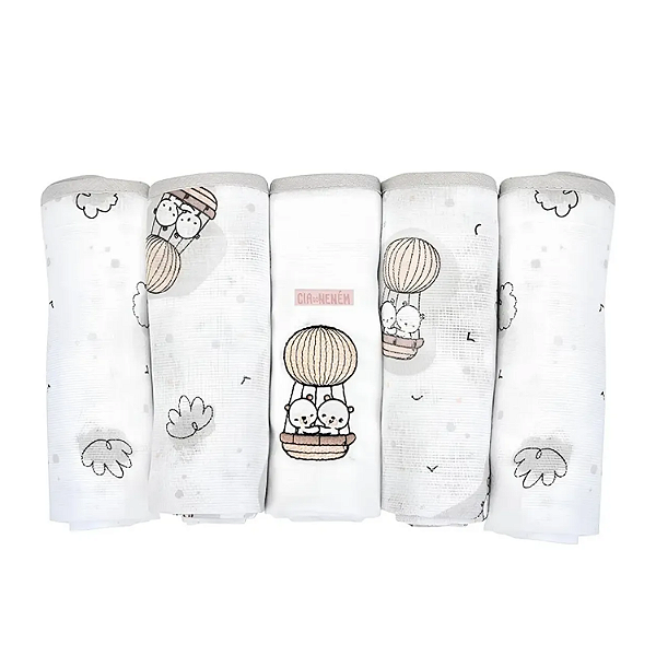 Fralda Cia Do Neném Algodão 70cm x 68cm Estampada com Bainha 5 unidades Minasrey Ref:5328 52-CIN-URSO