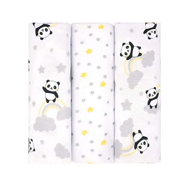 Cueiro Flanelado Bublim Baby Petit Panda Cinza 100cm x 80cm 3 Unidades Incomfral Ref:28026-482