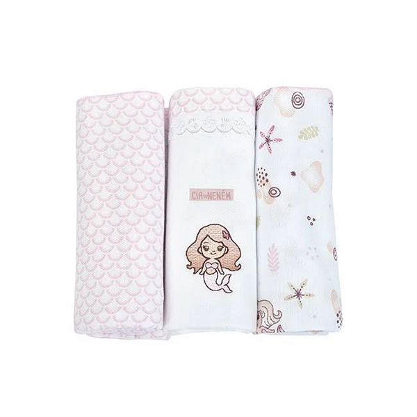 Kit Manta Cueiro Cia Do Neném Algodão 80cm x 80cm Estampada 3 unidades Minasrey Ref:5327 62-RBB-SEREIA