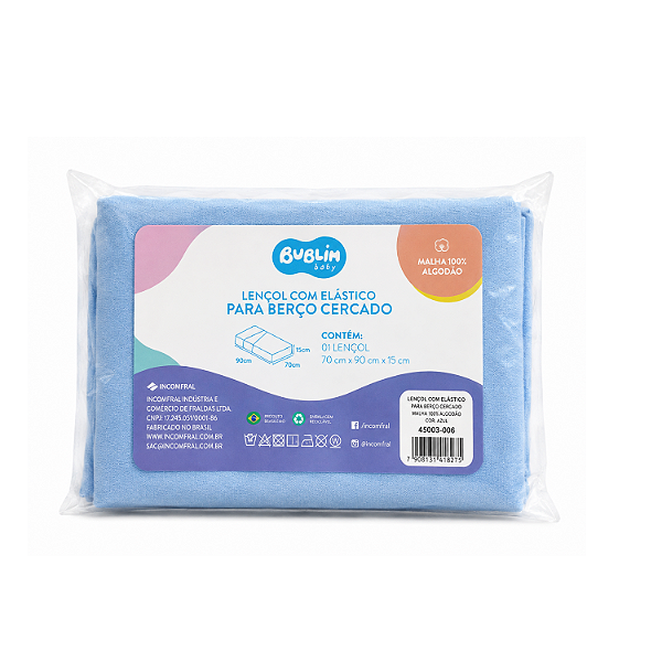 Lençol Para Berço Com Elástico Bublim Baby Liso Cercado Azul Incomfral Ref:45003-006