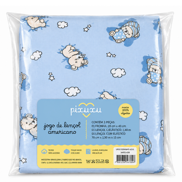 Jogo de Lençol Americano Pixuxu Malha Urso Soninho Azul com 3 Peças Incomfral Ref:34055-637