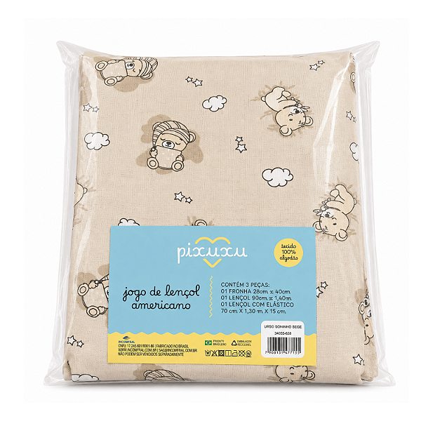Jogo de Lençol Americano Pixuxu Malha Urso Soninho Bege com 3 Peças Incomfral Ref:34055-638