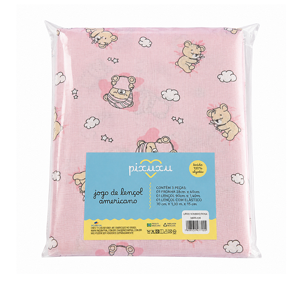 Jogo de Lençol Americano Pixuxu Malha Urso Soninho Rosa com 3 Peças Incomfral Ref:34055-636