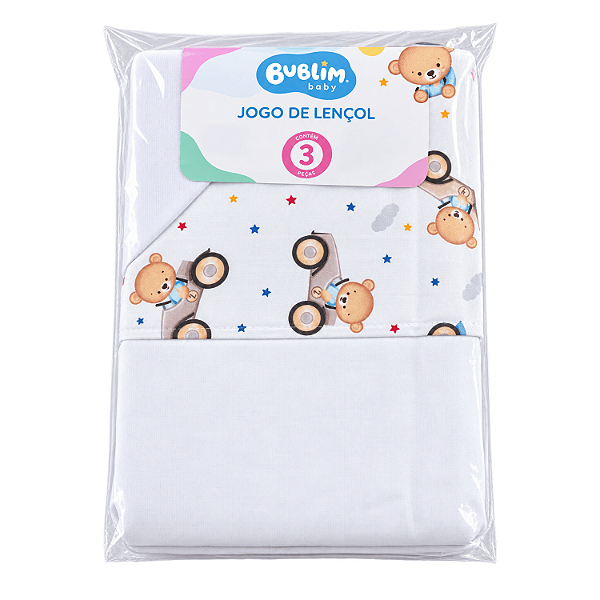 Jogo de Lençol Americano Bublim Baby Malha Urso Carrinho com 3 Peças Incomfral Ref:34052-533