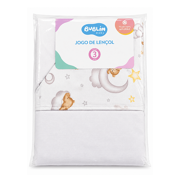 Jogo de Lençol Americano Bublim Baby Malha Urso Nuvem com 3 Peças Incomfral Ref:34052-552