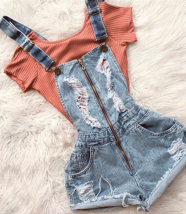 jardineira jeans saia com ziper na frente