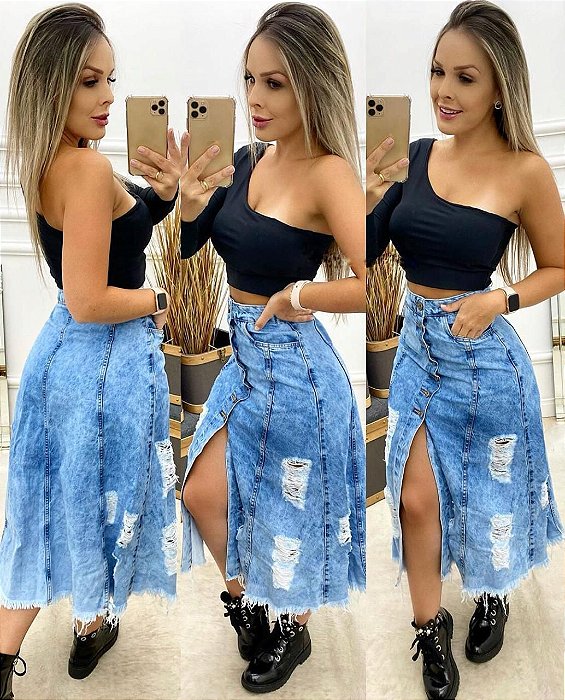 saia midi jeans de botão