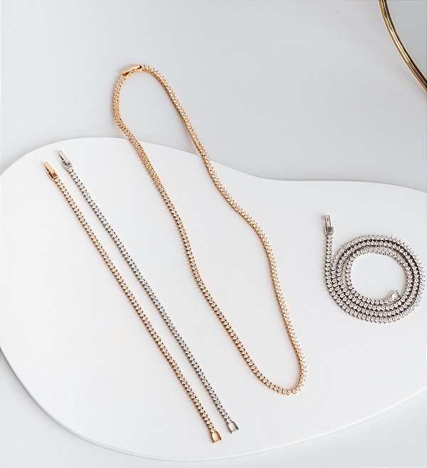 Colar Riviera 3 pontas | 2mm Ródio (42,5cm)