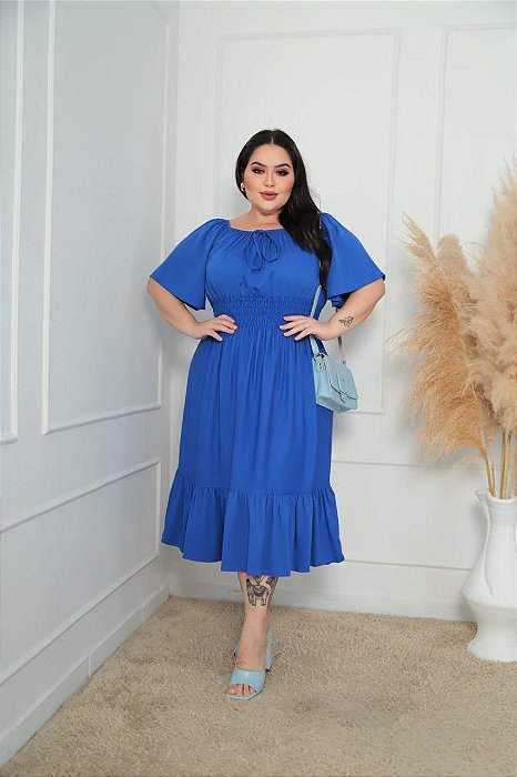 Vestido Ciganinha Midi Plus Size Moda Evangélica Lastex na Cintura