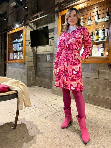 Vestido Chemise Estampa Coração Rosa E Pink