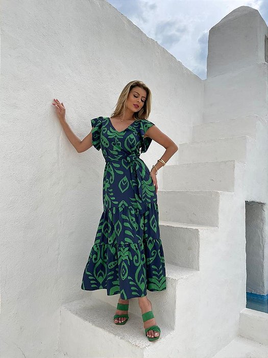 Vestido longo estampado marinho e verde