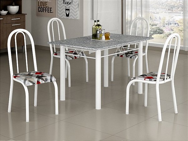 Conjunto de Mesa Com 4 Cadeiras Para Cozinha Tampo Retangular e Granito  1,20m Branco Sofia Ciplafe
