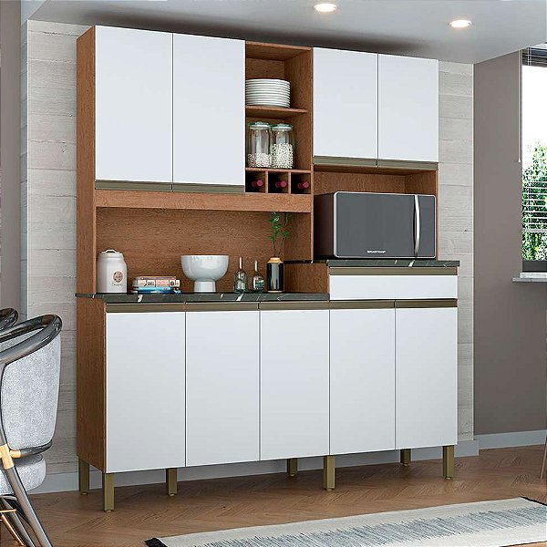 Cozinha Compacta Merlot 9 PT 1 GV Castanho e Branca