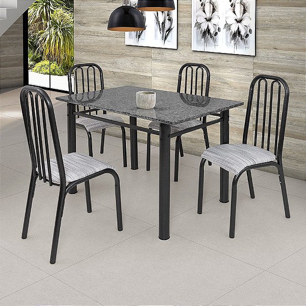 Conjunto de Mesa Com 4 Cadeiras Para Cozinha Tampo Retangular e Granito 1,20m Craqueado Sofia Ciplafe