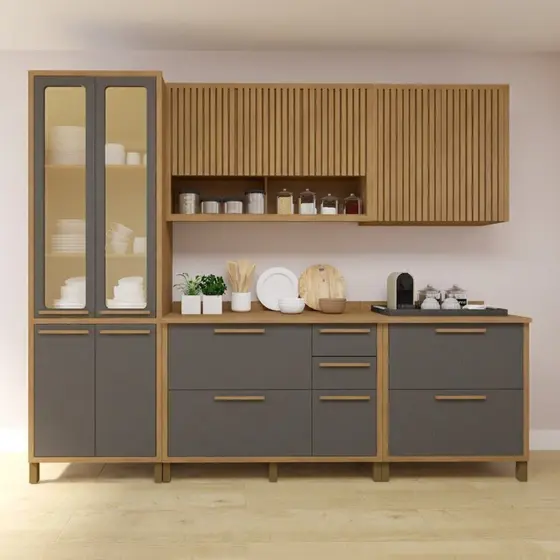 Cozinha Completa Torino com 2 Aéreos, 1 Paneleiro Porta de Vidro e 2 Balcões - Valdemóveis