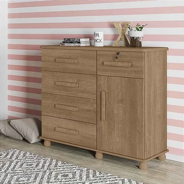 Cômoda com chave Ibiza Plus 1 Porta 5 Gavetas - Lanza