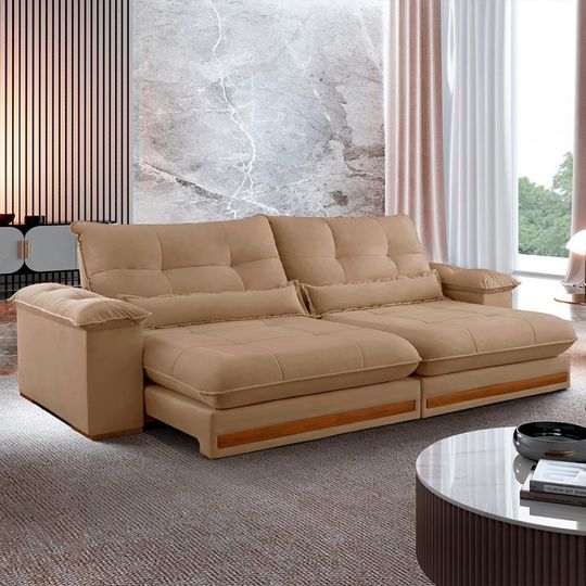 Sofá 3 Lugares Retrátil e Reclinável Qatar Linho Bege 220 cm