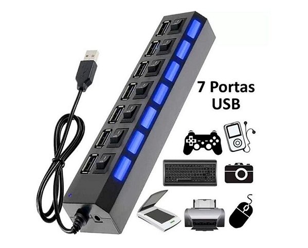 Hub 7 Portas USB 2.0 com switch e led indicador (03768)