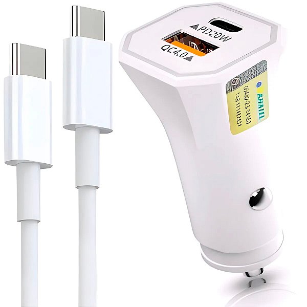 Carregador de celular veicular USB + Type-C PD com cabo 1m branco (LE-355 TYPE-C)