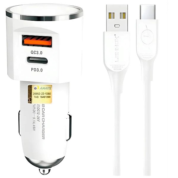 Carregador veicular 30W entrada USB e Type-C Lehmox (LE-507-4)