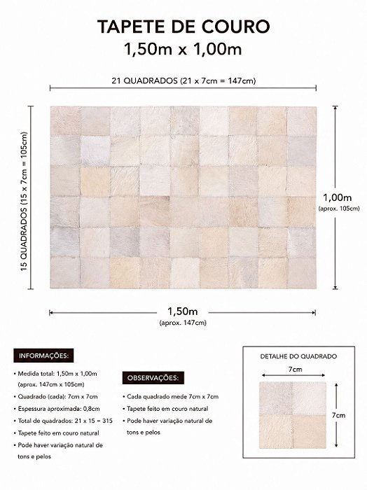 TAPETE COURO MARFIM 1,50m x 1,00m
