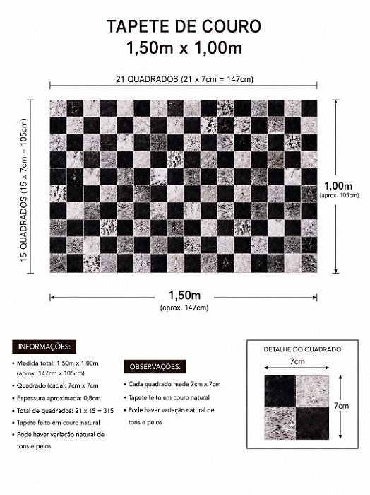 TAPETE COURO PRETO 1,50m x 1,00m