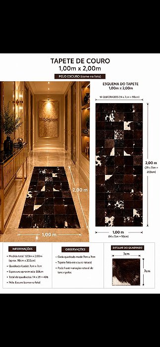 TAPETE COURO PRETO 1,00m x 2,00m